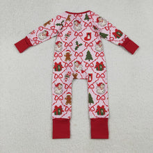 Load image into Gallery viewer, Baby Girls Red Bows Santa Gifts Checked Christmas Zipper Footie Rompers

