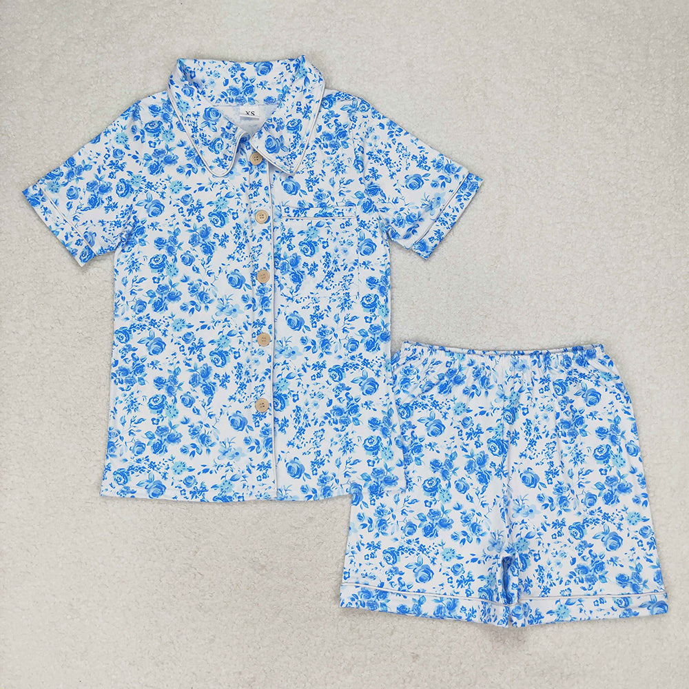 Adult Blue Color Flowers Short Sleeve Buttons Tee Shorts Pajamas Sets