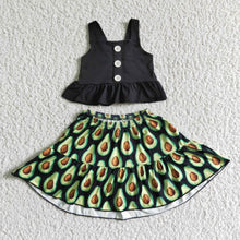 Load image into Gallery viewer, Baby girls avocado skirts black stripe top summer sets
