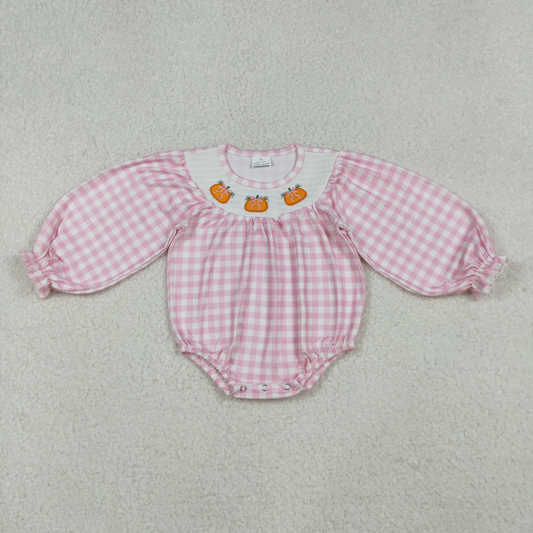 Smocked Pumpkins Baby Girls Pink Checked Fall Rompers