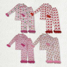 Load image into Gallery viewer, Sibling Adult Women Bows Santa Trees Button Top Pants Christmas Fur Pajamas Sets
