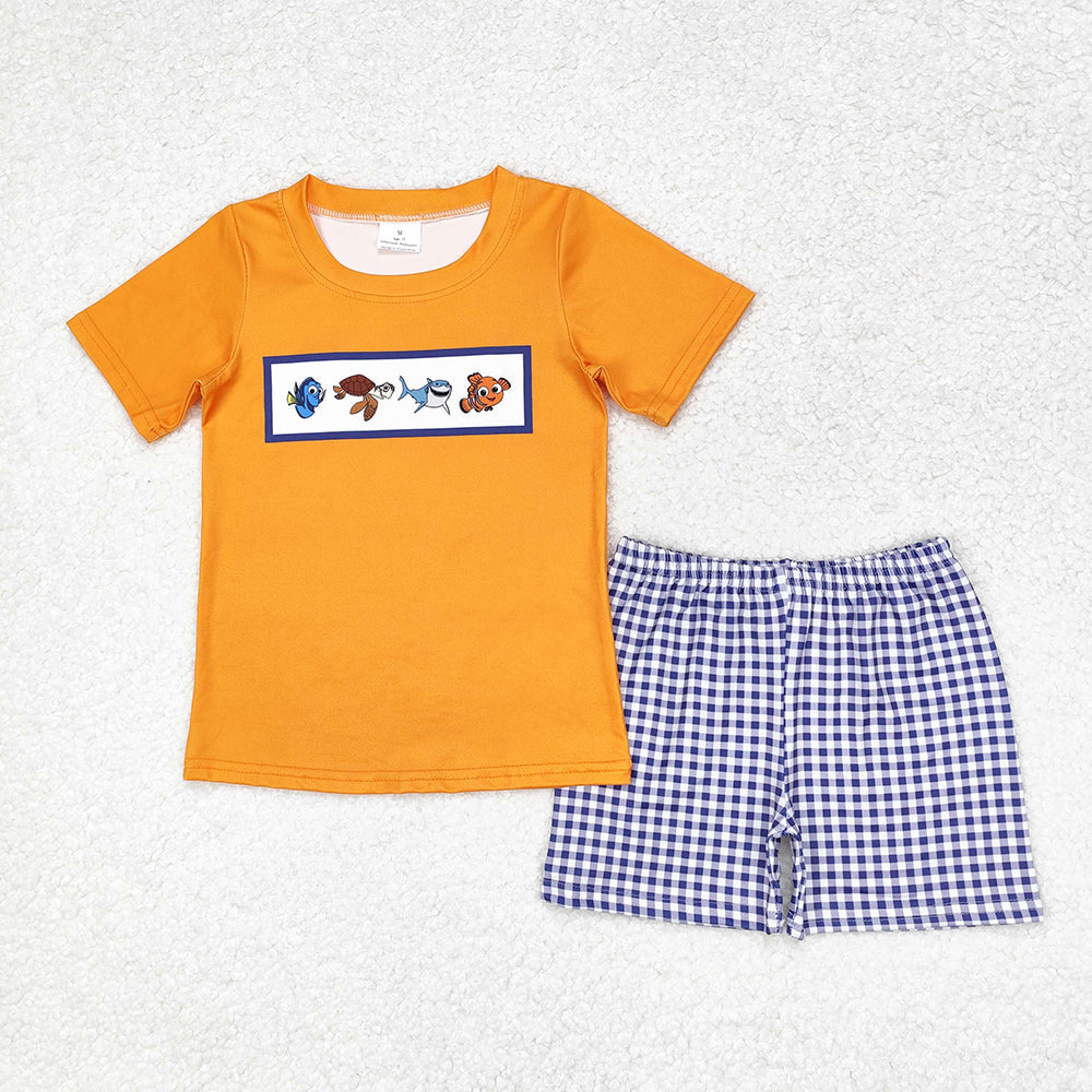 Baby Boys Orange Fish Shirt Checkered Shorts Clothes Sets