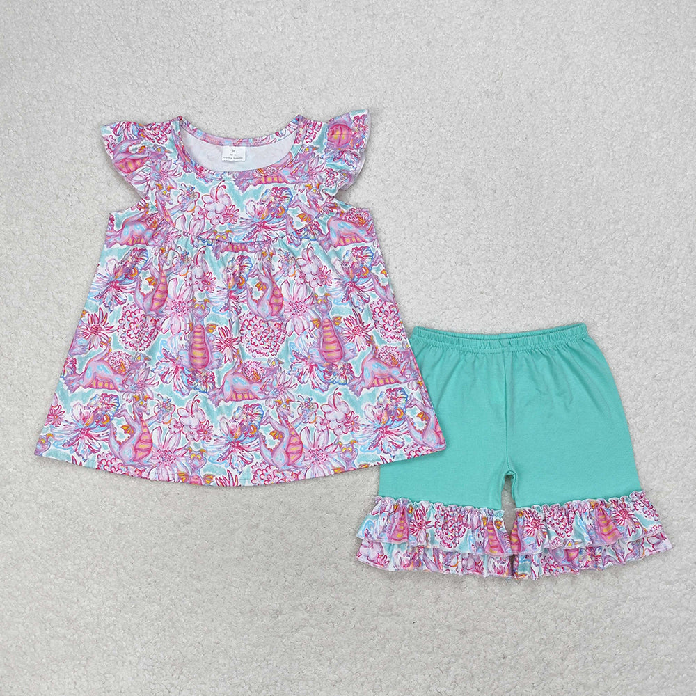 Baby Girls Flutter Sleeve Purple Flowers Top Ruffle Shorts Clothes Sets