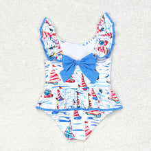 Load image into Gallery viewer, Baby Girls Blue Boats Bow Top Bummie Bows Swimsuits
