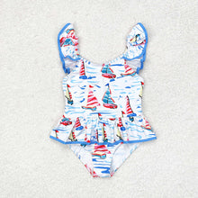 Load image into Gallery viewer, Baby Girls Blue Boats Bow Top Bummie Bows Swimsuits
