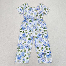 Load image into Gallery viewer, Baby Girls Blue Flowers Short Sleeve Pockets Pants Jumpsuits

