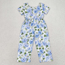Load image into Gallery viewer, Baby Girls Blue Flowers Short Sleeve Pockets Pants Jumpsuits
