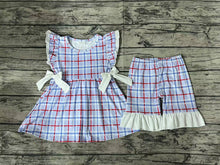 Load image into Gallery viewer, Baby Girls Blue Checkered Bows Tunic Ruffle Shorts Clothes Sets
