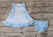 Load image into Gallery viewer, Baby Girls Blue Pocket Pink Flowers Sleeveless Top Summer Bummies Clothes Sets
