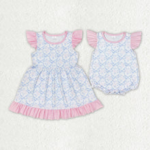 Load image into Gallery viewer, Baby Girls Blue Bows Sibling Sister Rompers Dresses
