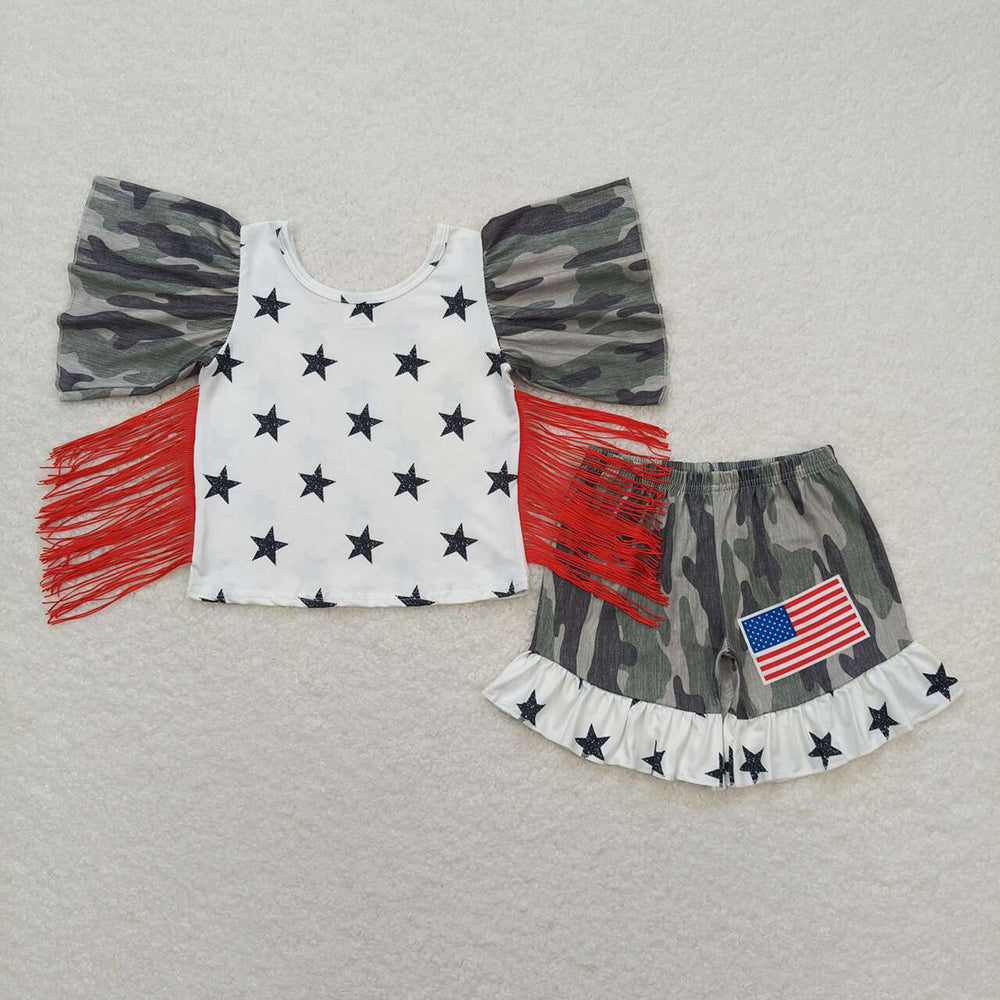 Baby Girls 4th Of July Camo Stars Tops Ruffle Shorts Clothes Sets