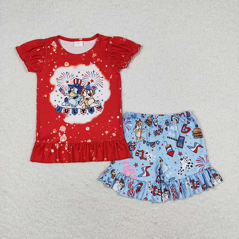 Baby Girls 4th Of July Dogs Shirt Ruffle Shorts Clothes Sets