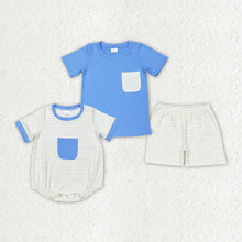 Load image into Gallery viewer, Baby Boys Blue Pocket Sibling Brother Rompers Clothes Sets
