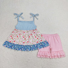 Load image into Gallery viewer, Baby Girls Blue Checkered Floral Halter Tunic Ruffle Shorts Clothes Sets

