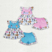 Load image into Gallery viewer, Baby Girls Blue Dog Sibling Sister Outfits Ruffle Shorts Clothes Sets
