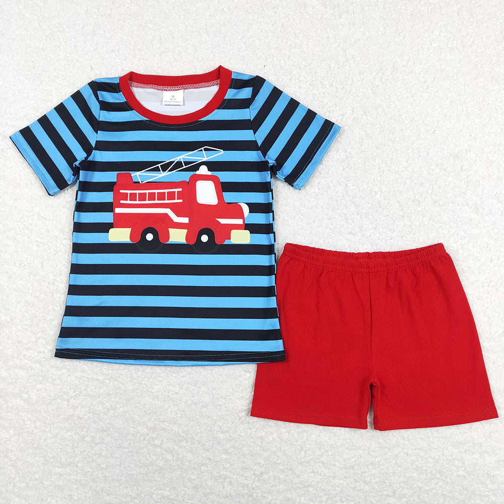 Baby Boys Short Sleeve Firetruck Shirts Shorts Rompers Brother Clothes Sets