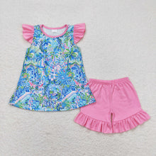 Load image into Gallery viewer, Baby Girls Blue Flowers Tunic Ruffle Shorts Clothes Sets
