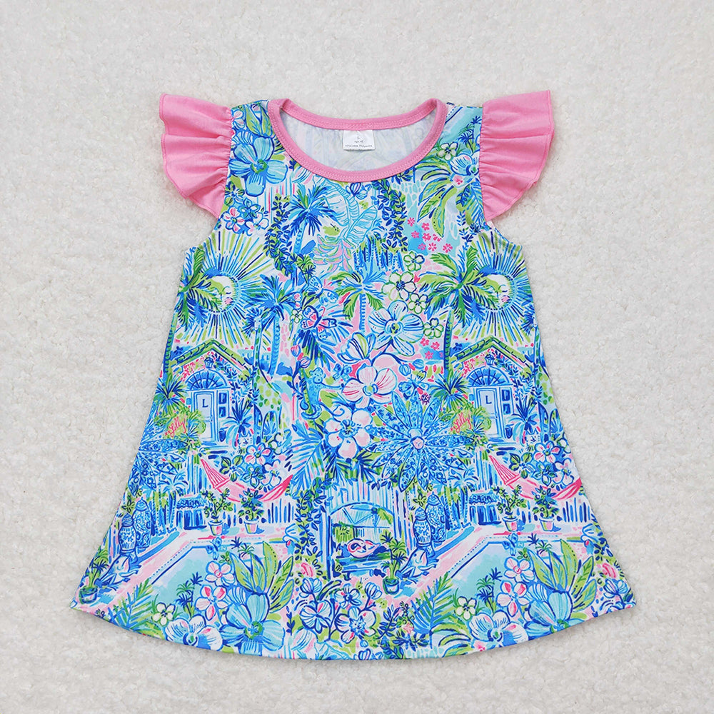 Baby Girls Blue Flowers Flutter Sleeve Tunic Tops