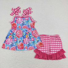 Load image into Gallery viewer, Baby Girls Blue Flowers Straps Tunic Top Ruffle Shorts Clothes Sets
