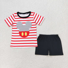 Load image into Gallery viewer, Baby Boys Red Stripes Cartoon Mouse Shirt Top Shorts Clothes Sets
