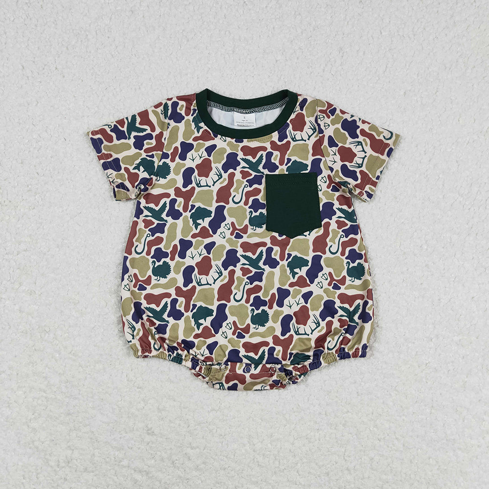 Baby Boys Green Camo Short Sleeve Pocket Rompers
