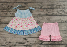 Load image into Gallery viewer, Baby Girls Blue Checkered Floral Halter Tunic Ruffle Shorts Clothes Sets
