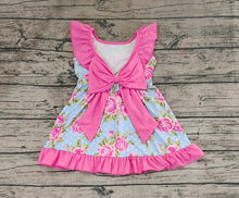 Load image into Gallery viewer, Baby Girls Blue Dots Pink Flowers Bow Knee Length Dresses
