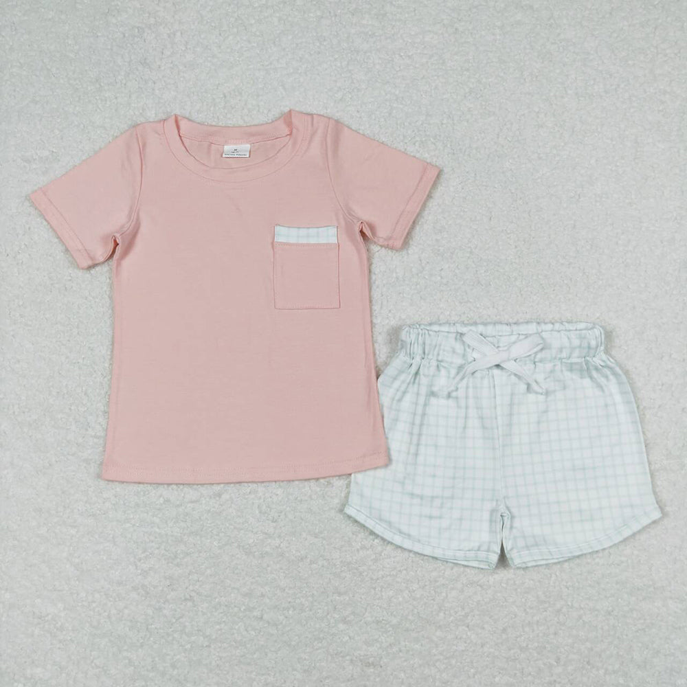 Baby Boys Pink Short Sleeve Tee Shirt Top Checkered Shorts Clothes Sets