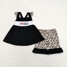 Load image into Gallery viewer, Baby Girls Black I Love Dad Tunic Top Leopard Ruffle Shorts Clothes Sets
