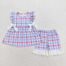 Load image into Gallery viewer, Baby Girls Blue Checkered Bows Tunic Ruffle Shorts Clothes Sets
