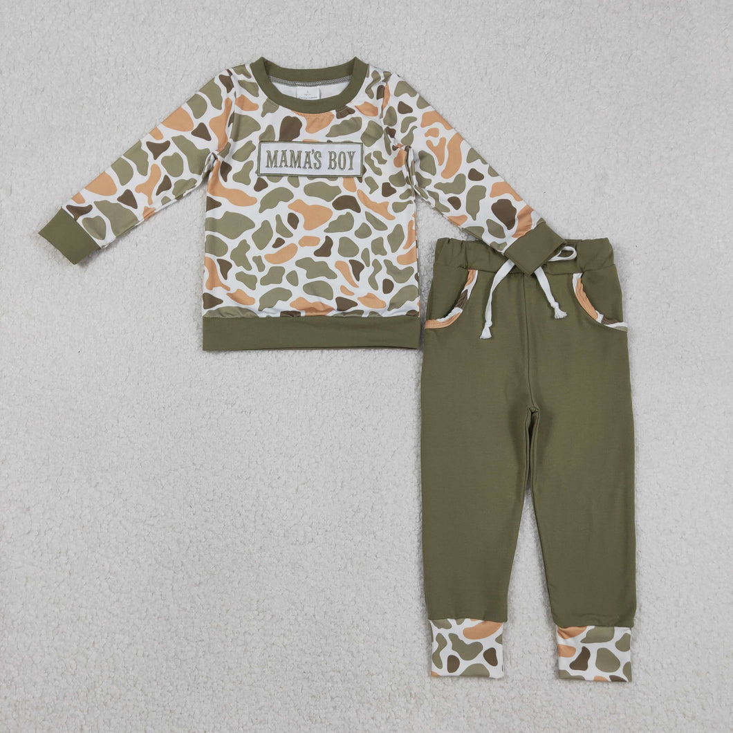 Embroidery Mama's Boy Baby Boys Orange Camo Top Pockets Jogger Pants Clothes Sets