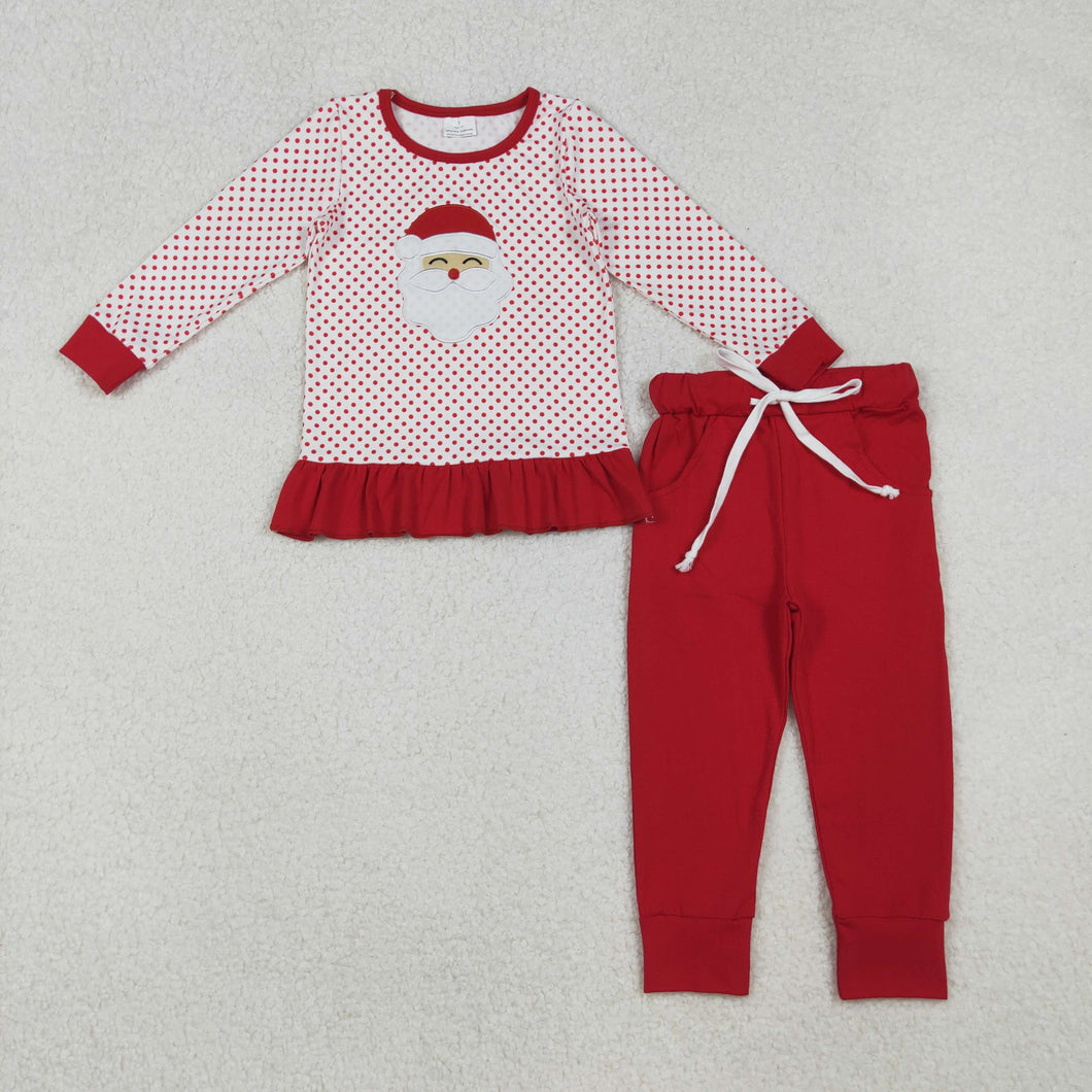 Embroidery Santa Baby Girls Polka Dots Ruffle Top Pockets Leggings Christmas Clothes Set
