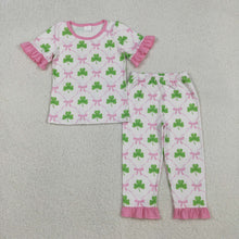 Load image into Gallery viewer, Baby Girls Bows Clovers Checked Top Ruffle Pants St Patrick Pajamas Sets
