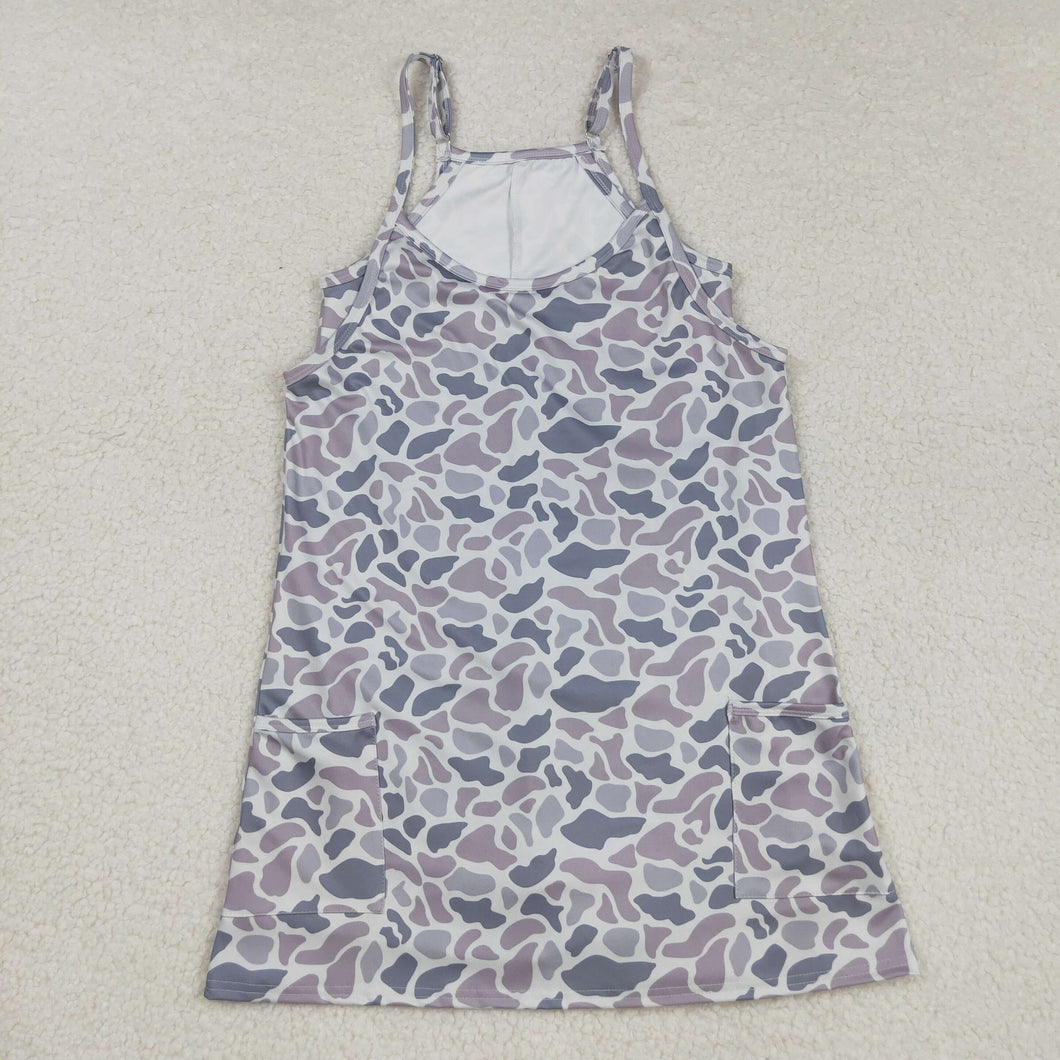 Adult Women Strap Gray Camo Pockets Yoga Shorts Dresses