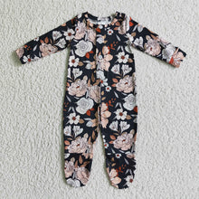 Load image into Gallery viewer, Baby girls black floral long sleeve buttons rompers
