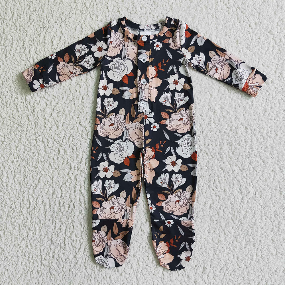 Baby girls black floral long sleeve buttons rompers