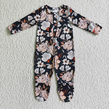 Load image into Gallery viewer, Baby girls black floral long sleeve buttons rompers
