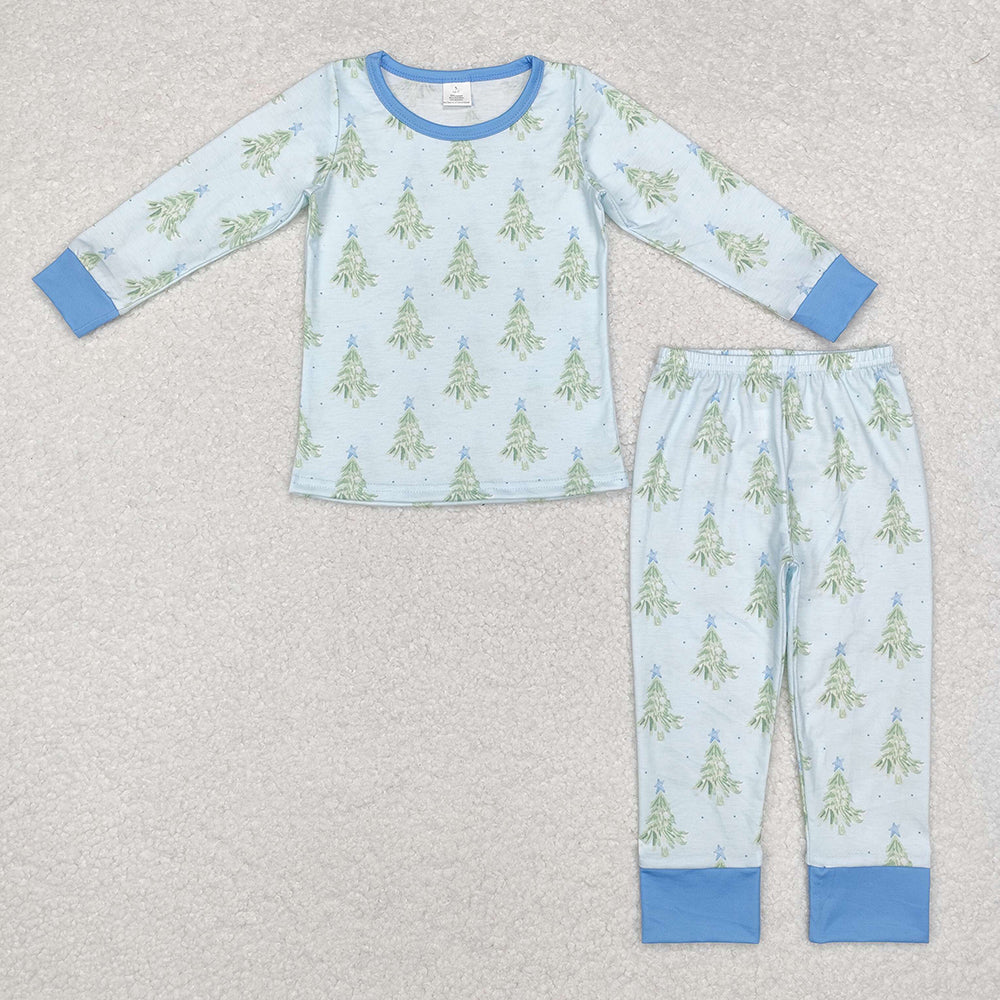 Baby Boys Christmas Tree Blue Bamboo Pajamas Clothes Sets