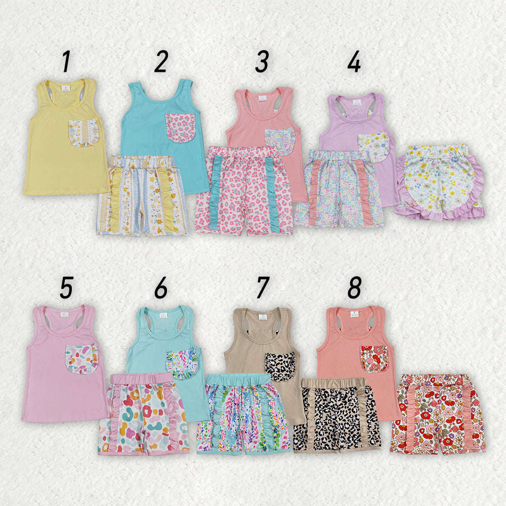 8 Colors Sibling Baby Girls Bow Vest Shirt Ruffle Shorts Outfits