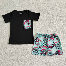 Load image into Gallery viewer, Baby boys pocket blue western black shorts sets
