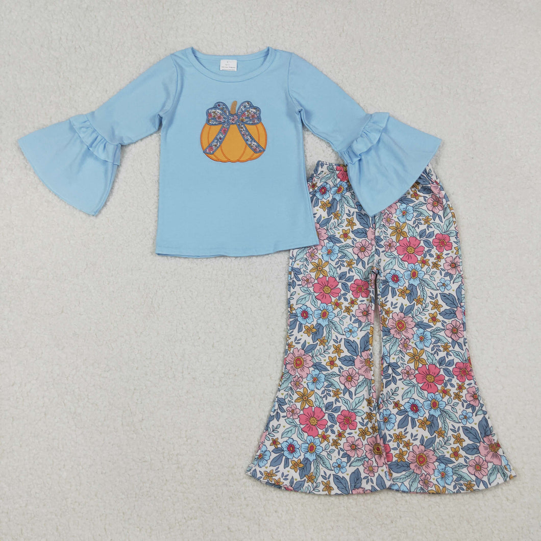 Sibling Embroidery Pumpkins Baby Girls Top Bell Bottom Pant Fall Clothes Sets Ruffle Rompers