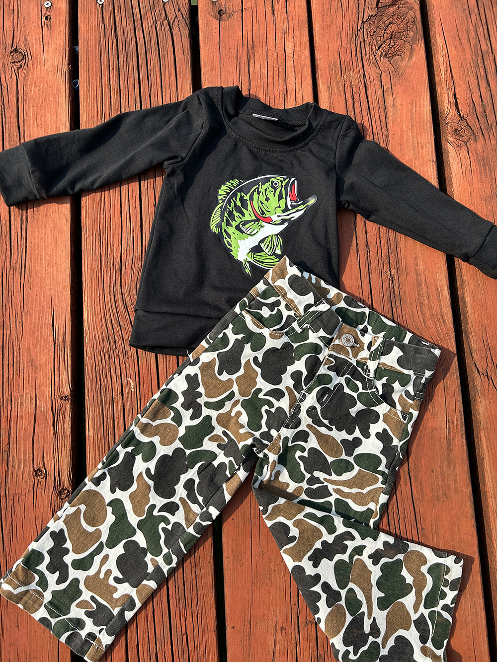 Baby Boys Fishing Black Tee Brown Camouflage Denim Pants Clothes Sets