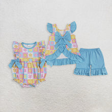 Load image into Gallery viewer, Sibling Baby Girls Blue Flutter Sleeves Flowers Plaid Tunic Ruffle Shorts Sets Rompers
