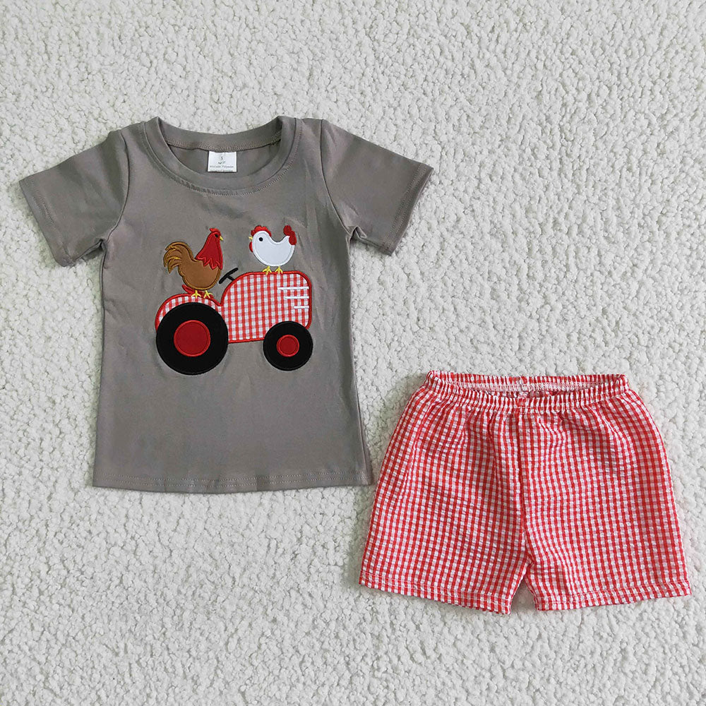 Boys Kids chicken farm embroidered summer shorts sets