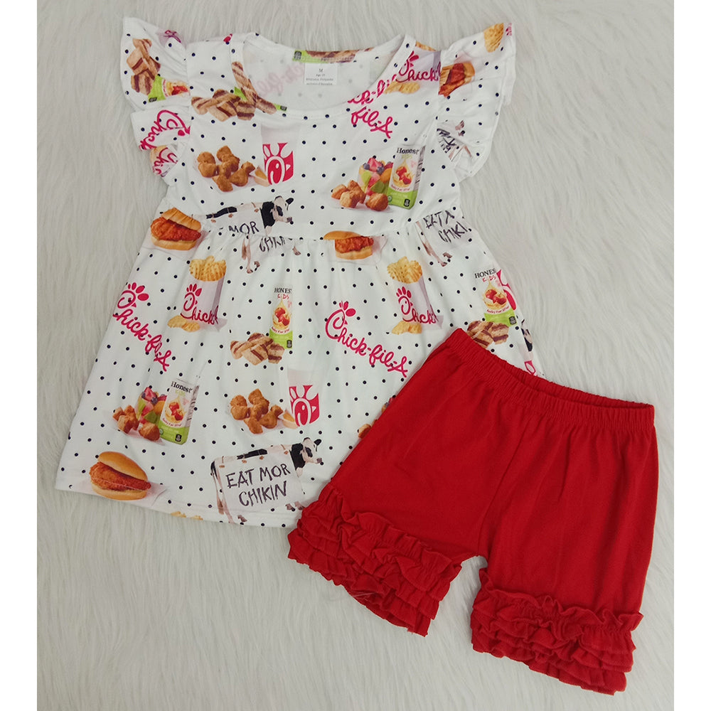 Chick dots red ruffles shorts set