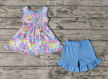 Load image into Gallery viewer, Baby Girls Blue Flowers Bow Tunic Top Ruffle Shorts Clothes Sets
