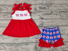 Load image into Gallery viewer, Baby Girls Baseball Flags Straps Tunic Top Ruffle Shorts Clothes Sets
