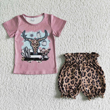Load image into Gallery viewer, Baby girls cow skull leopard summer shorts sets
