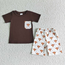 Load image into Gallery viewer, Baby boys brown top western highland pocket shorts sets
