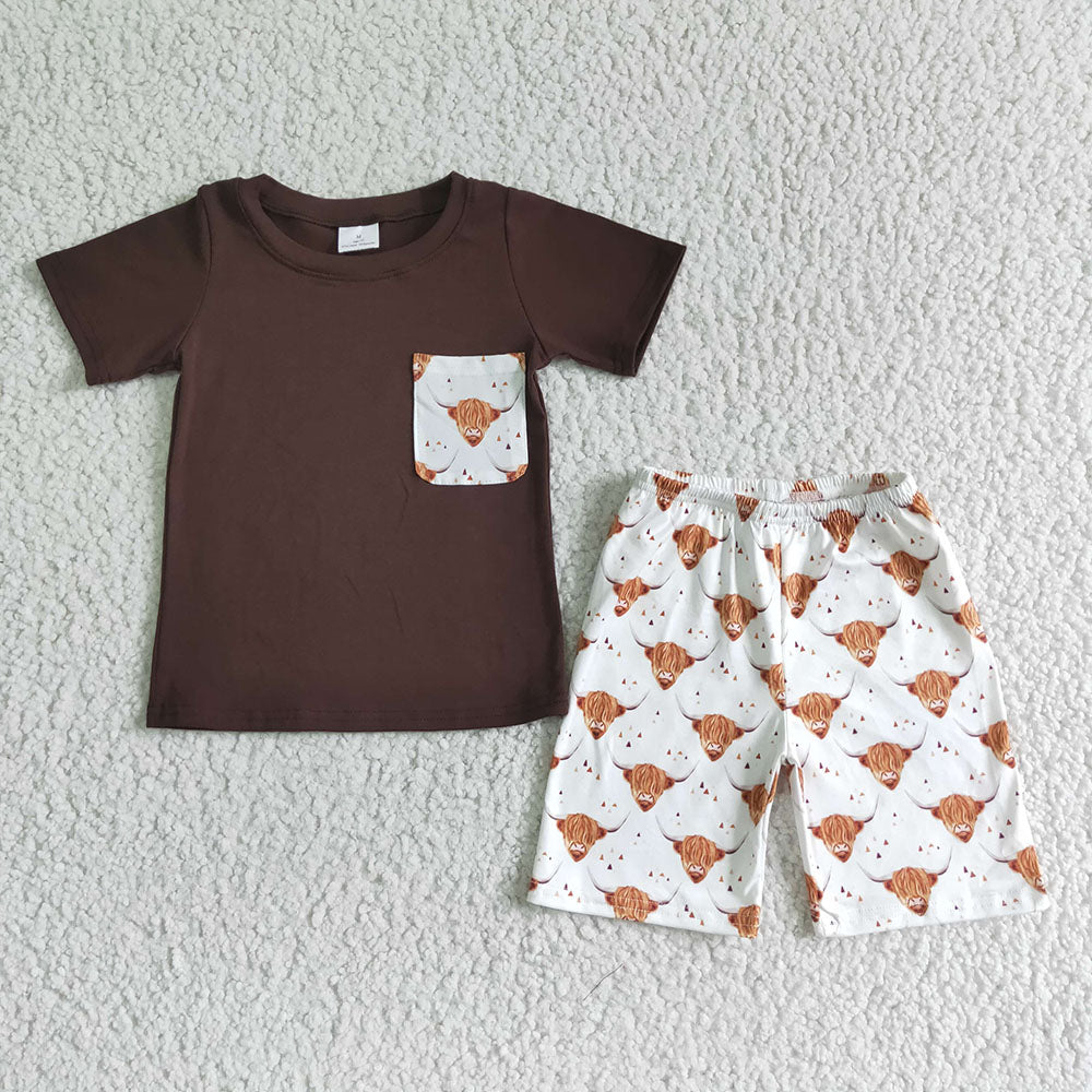 Baby boys brown top western highland pocket shorts sets